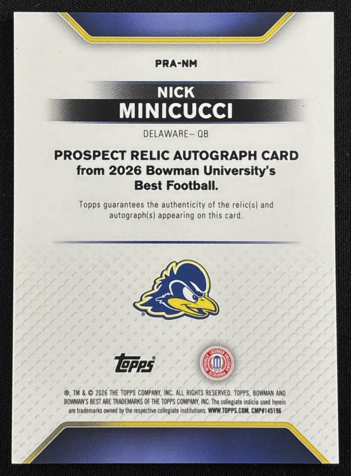 Nick Minicucci 2026 Bowman U Best Prospect Relic Auto Green Mini-Diamond Refractor /99 Blue Hens back