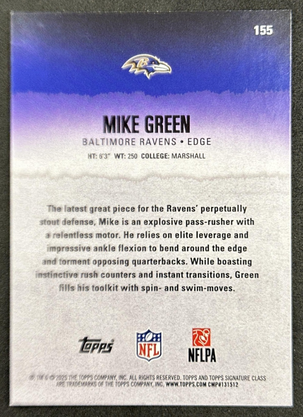 Mike Green 2025 Topps Signature Class Rookie Blue & Yellow Foil Ravens back