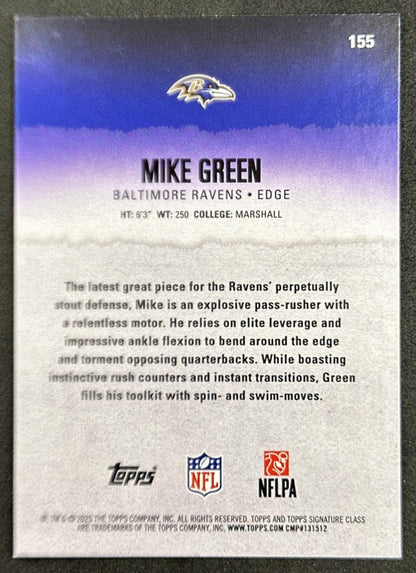 Mike Green 2025 Topps Signature Class Rookie Blue & Yellow Foil Ravens back