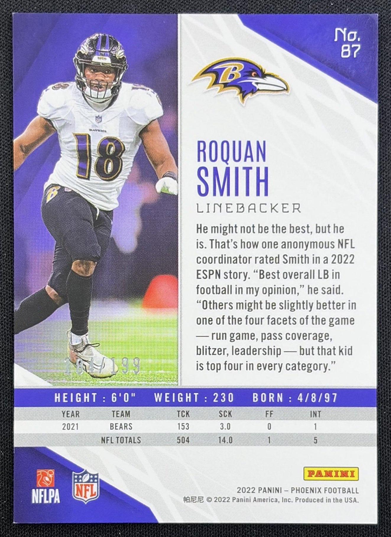 Roquan Smith 2022 Panini Phoenix Pink /199 Ravens