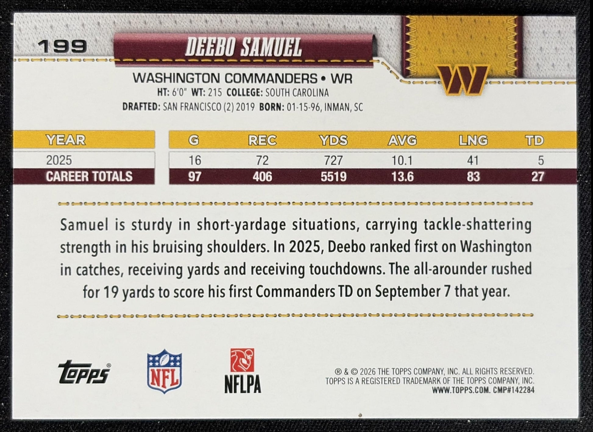 Deebo Samuel 2026 Topps Football Leather Foil Commanders back