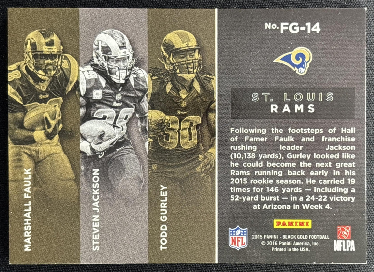 Marshall Faulk Steven Jackson Todd Gurley 2015 Black Gold Franchise Holo White Foil /5 Rams Sports Trading Cards
