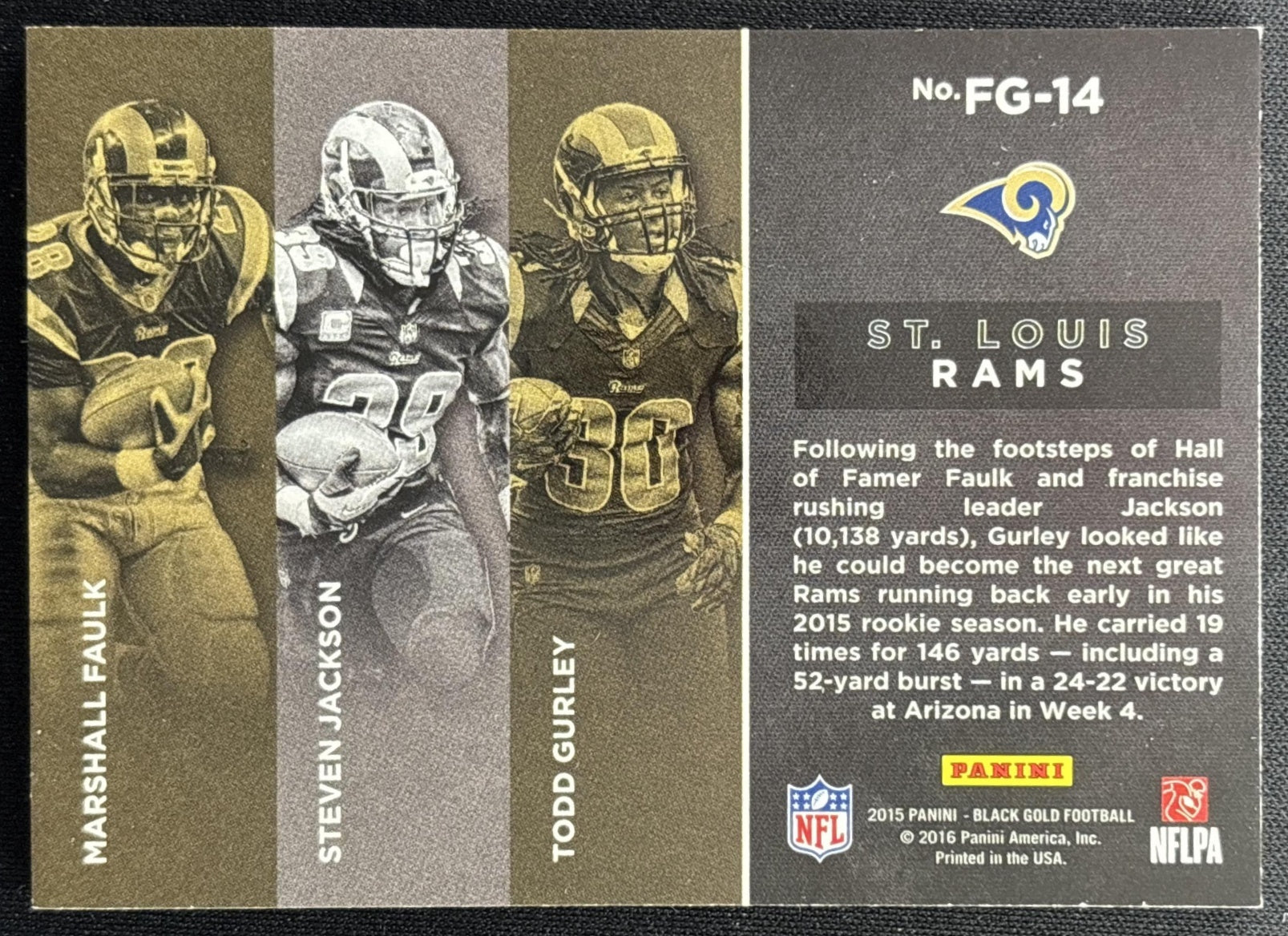 Marshall Faulk Steven Jackson Todd Gurley 2015 Black Gold Franchise Holo White Foil /5 Rams Sports Trading Cards