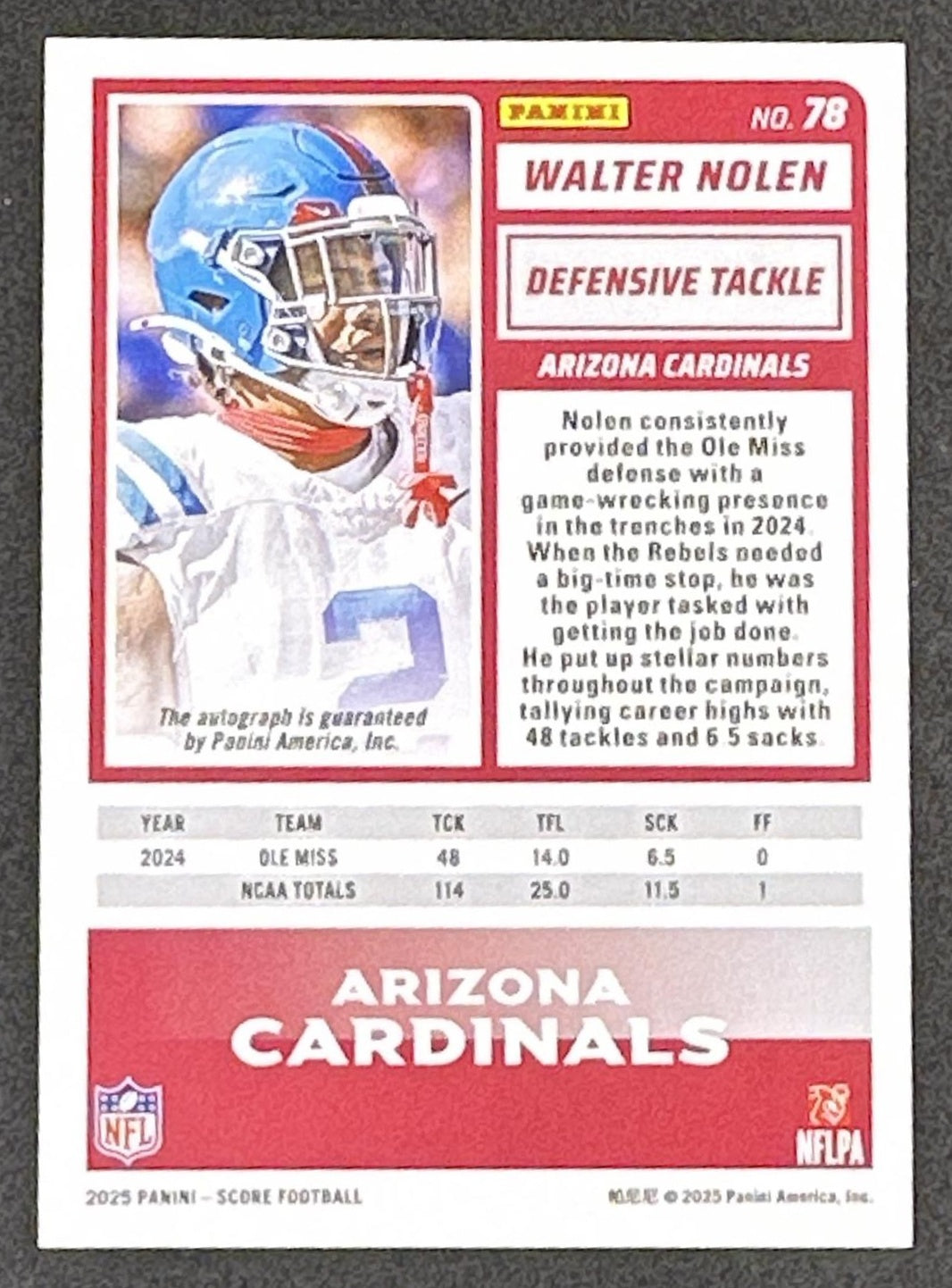 Walter Nolen 2025 Panini Score Rookies Signatures Cardinals