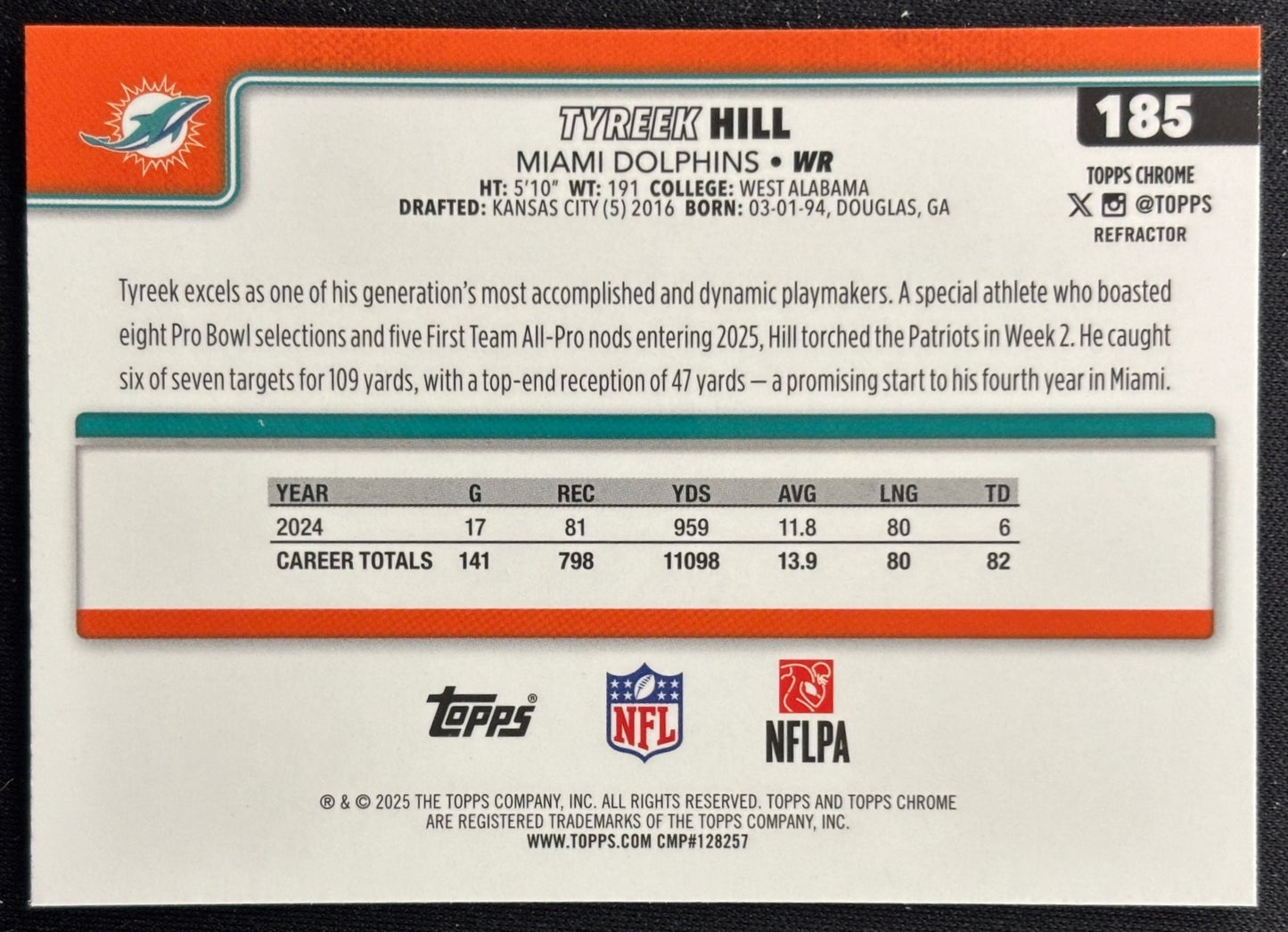 Tyreek Hill 2025 Topps Chrome Refractor Dolphins Sports Trading Cards