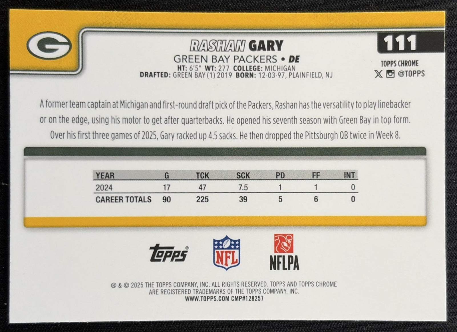 Rashan Gary 2025 Topps Chrome Pulsar Refractor Packers