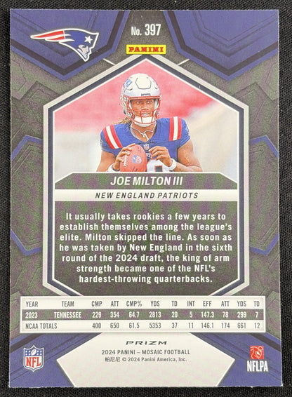 Joe Milton III 2024 Panini Mosaic Prizm Patriots Sports Trading Card