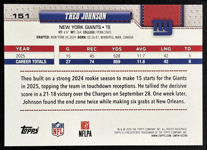 Theo Johnson 2026 Topps Football Leather Foil Giants