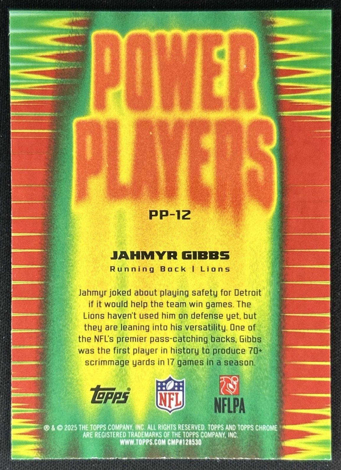 Jahmyr Gibbs 2025 Topps Chrome Power Players Yellow Refractor /275 Lions Back
