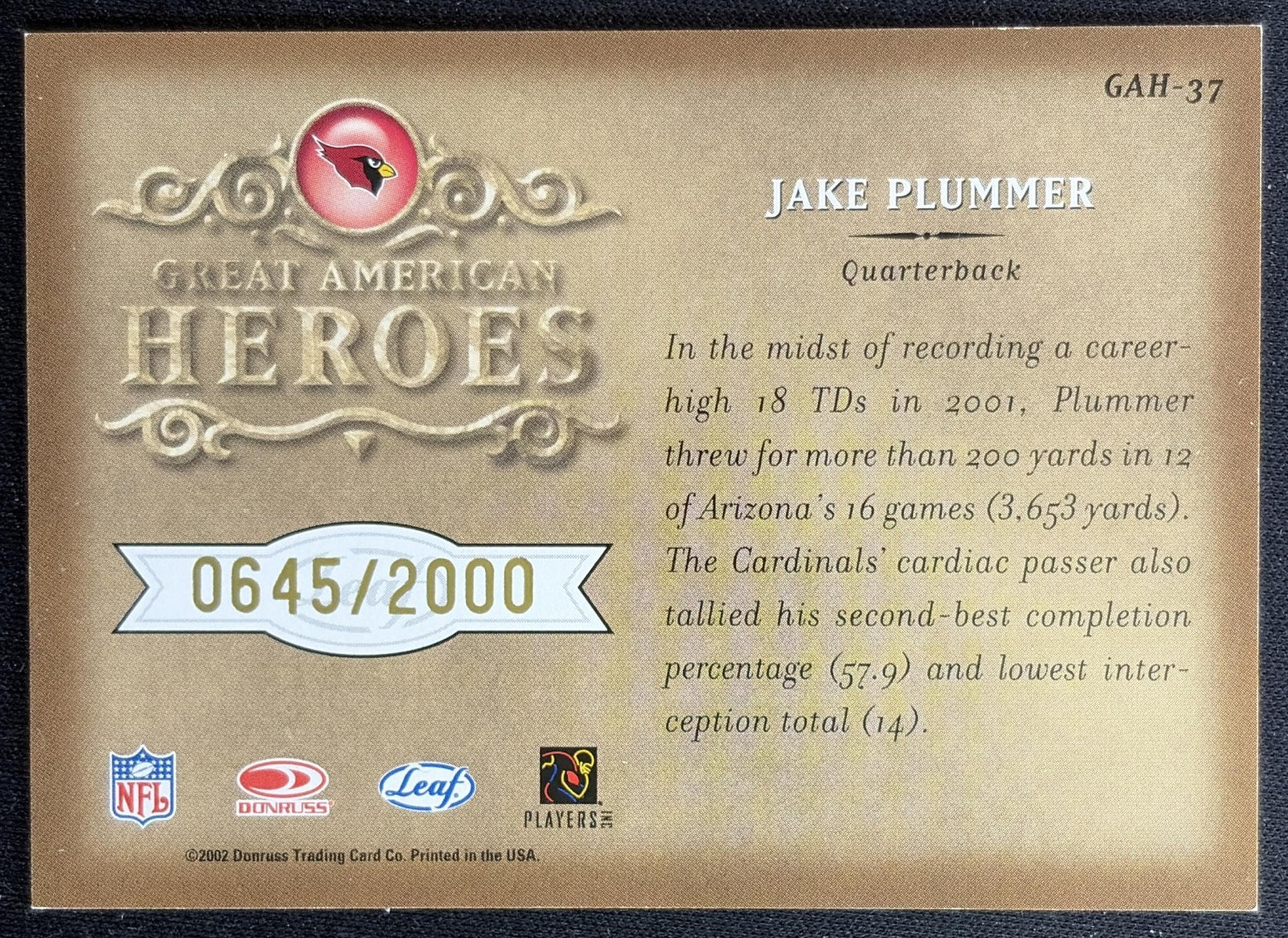 Jake Plummer 2002 Leaf Rookies & Stars Great American Heroes /2000 Cardinals
