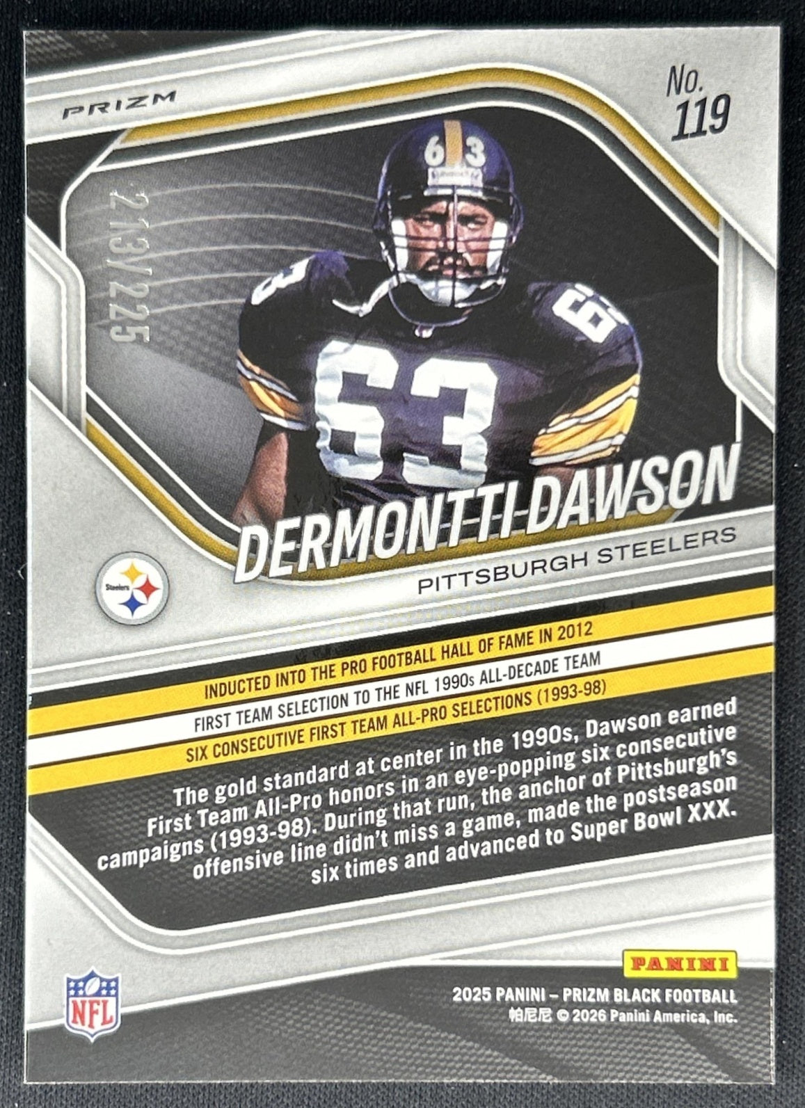 Dermontti Dawson 2025 Panini Prizm Black Football /225 Steelers