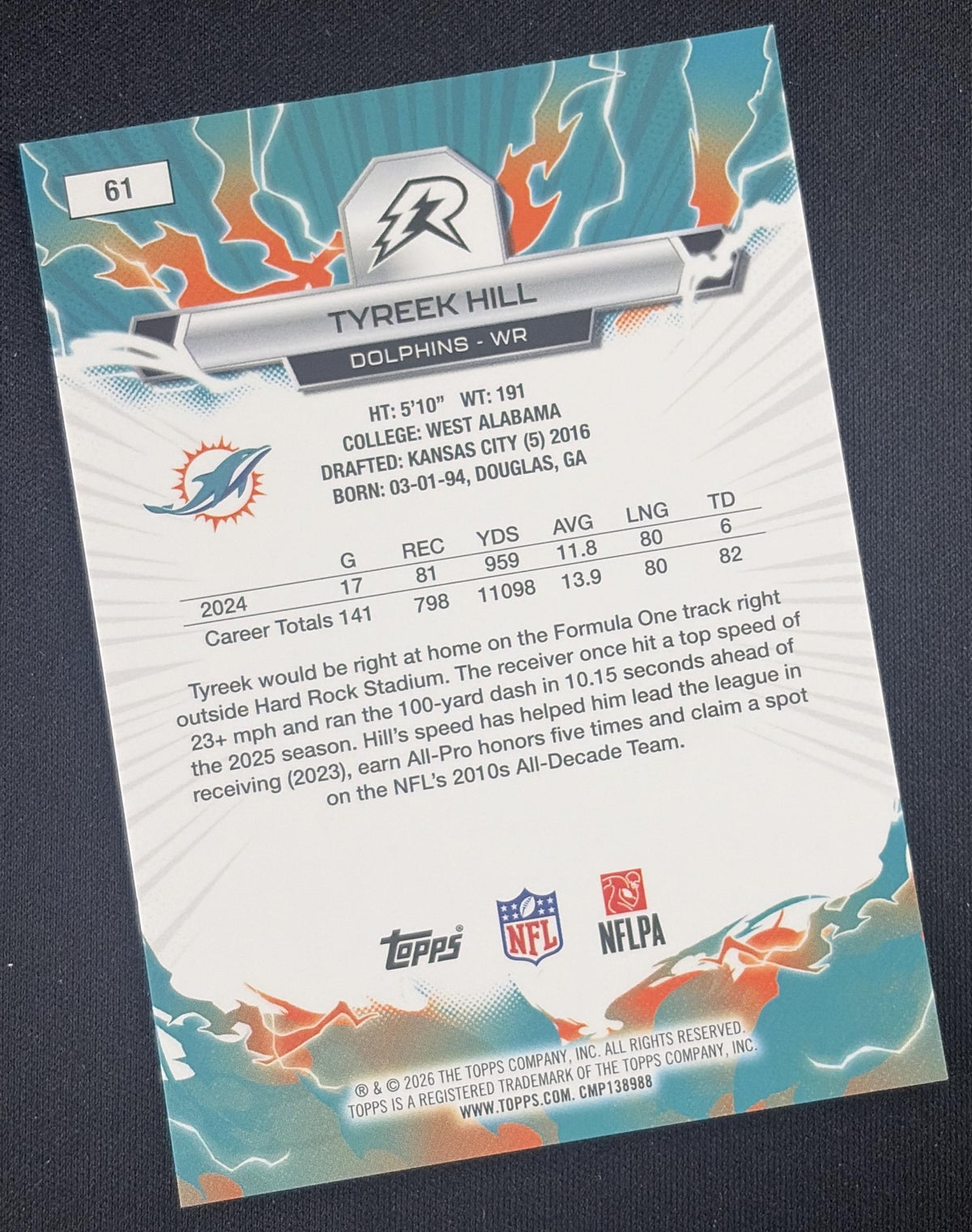 Tyreek Hill 2025 Topps Resurgence Yellow Surge Refractor /225 Dolphins