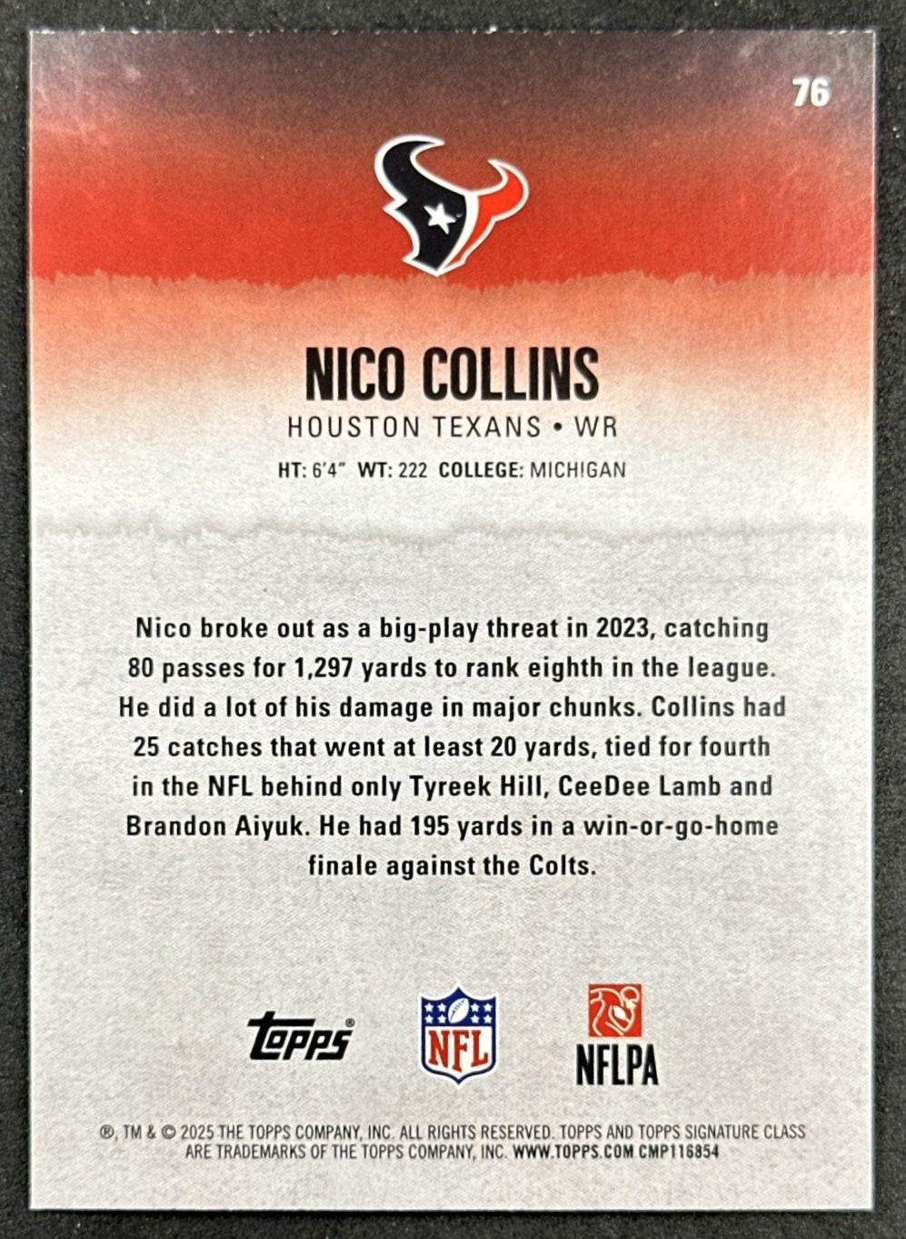 Nico Collins 2025 Topps Signature Class Veteran Green & Purple Foil Texans
