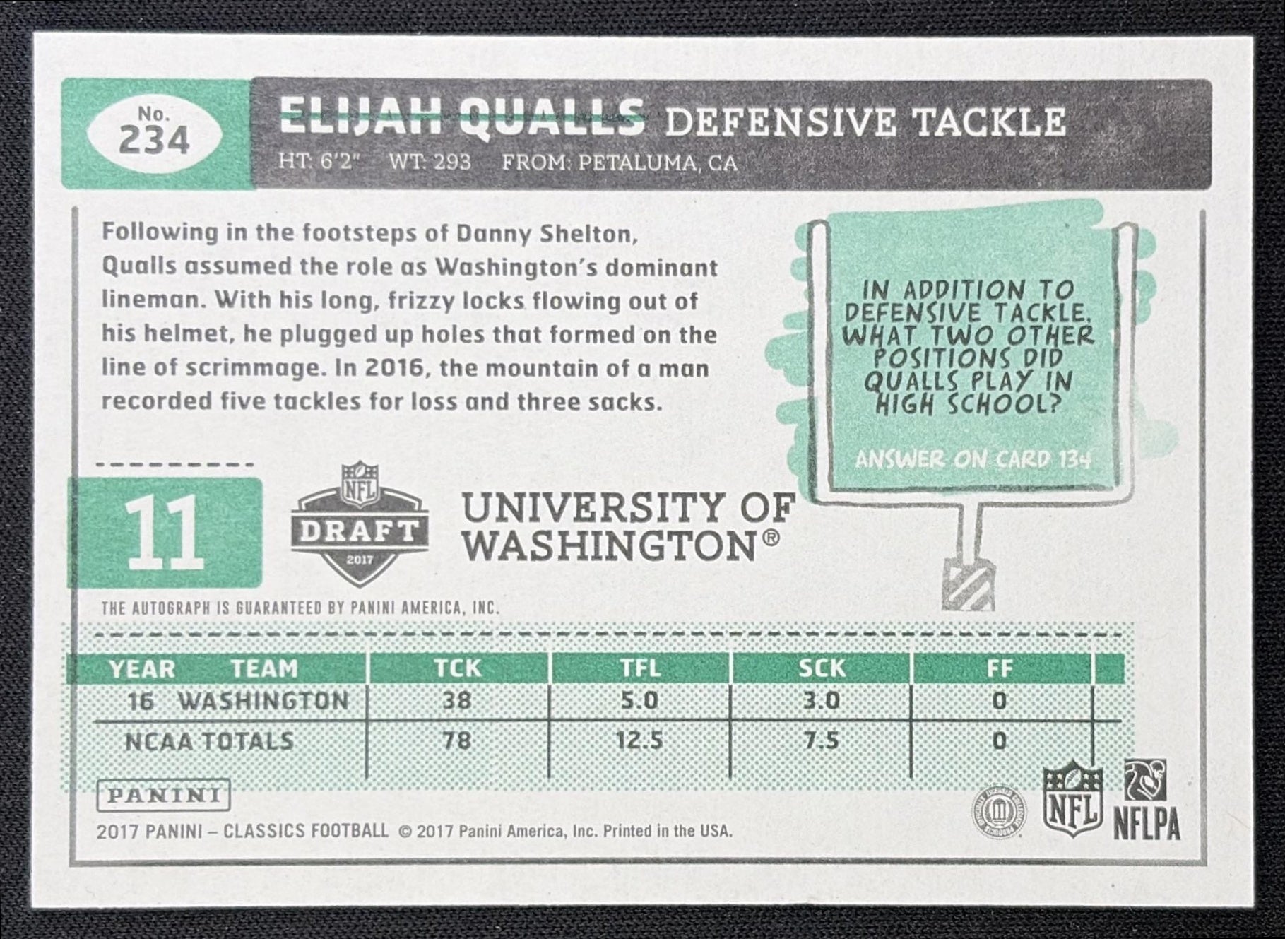 Elijah Qualls 2017 Panini Classics Significant Signatures /199 Huskies