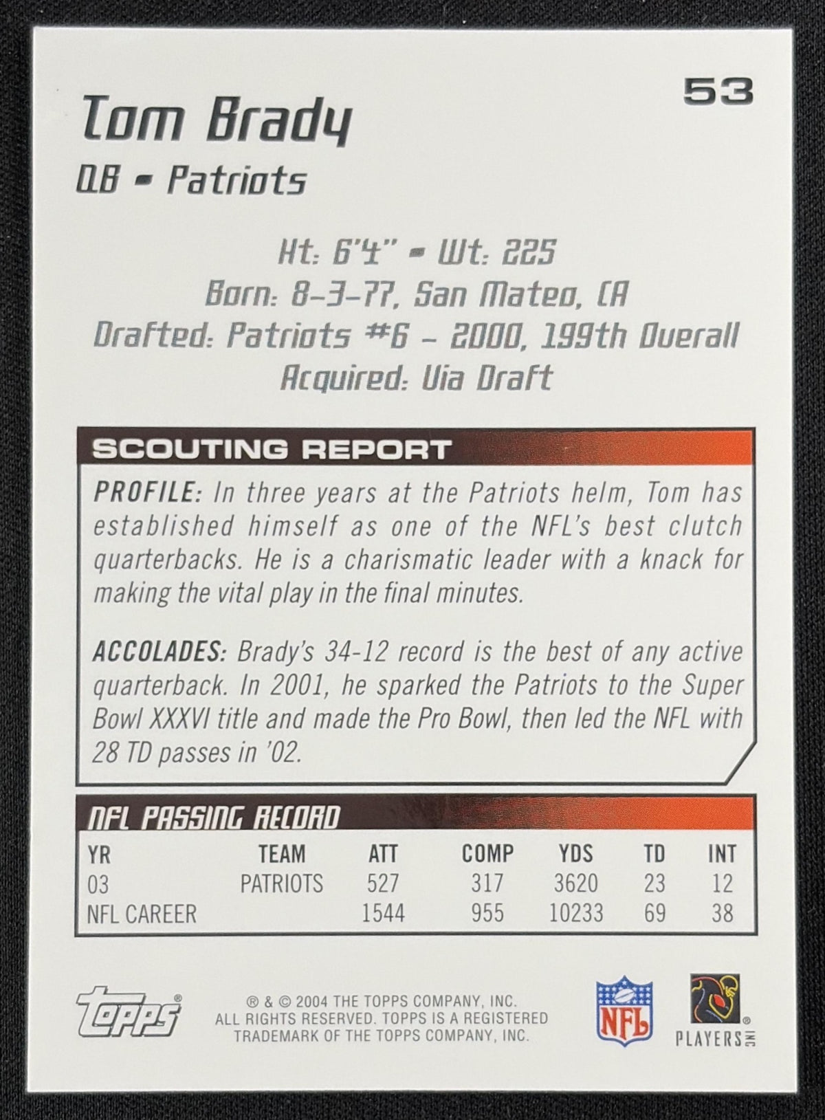 Tom Brady 2004 Topps Draft Picks & Prospects Patriots