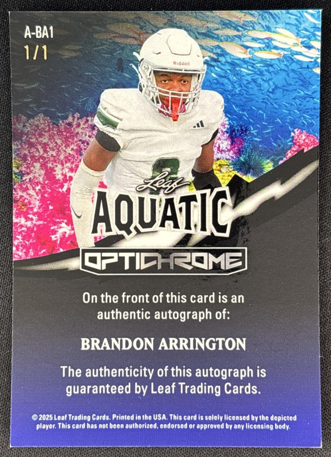 Brandon Arrington 2025 Leaf Optichrome Aquatic Auto Prismatic Blue 1/1 back