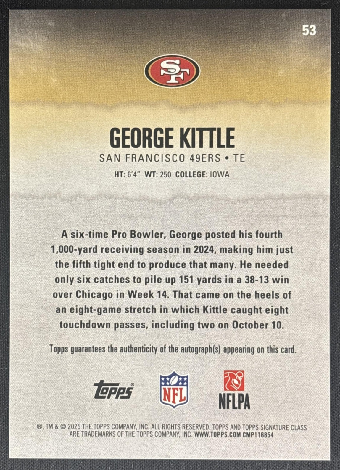 George Kittle 2025 Topps Signature Class Veteran Orange Foil /50 49ers Sports Trading Cards
