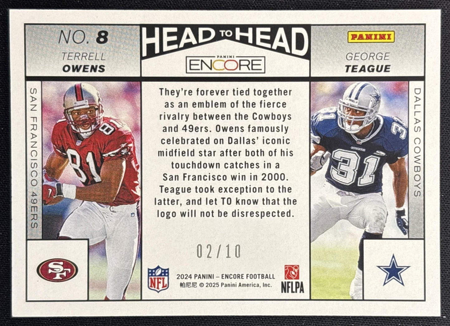 George Teague Terrell Owens 2024 Panini Encore Pinnacle Head to Gold /10 Back