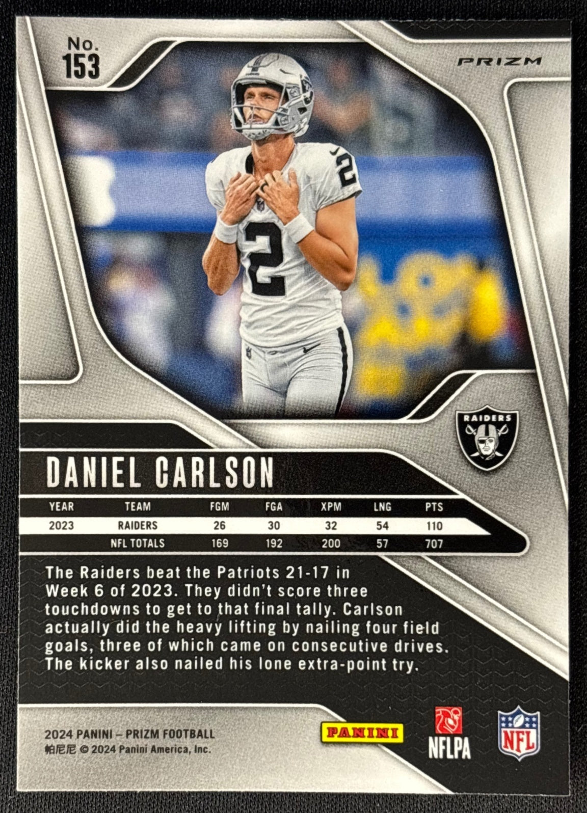 Daniel Carlson 2024 Prizm Choice Blue Yellow and Green Raiders back | Wayne Collection