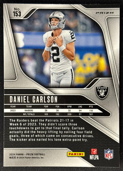 Daniel Carlson 2024 Prizm Choice Blue Yellow and Green Raiders back | Wayne Collection