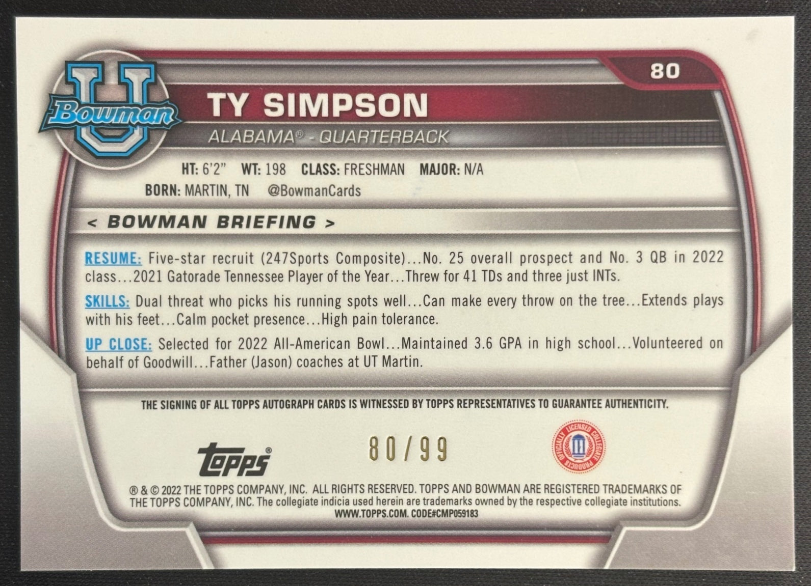 *Minor Damage* Ty Simpson 2022 University Chrome Prospect Auto Green Refractor /99 Crimson Tide Rams Sports Trading Cards