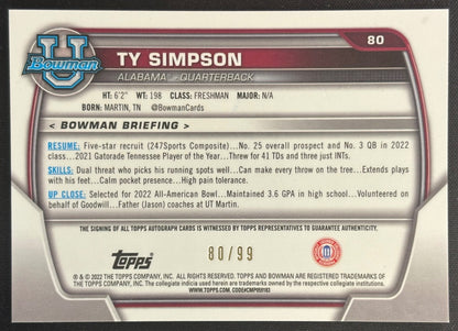 *Minor Damage* Ty Simpson 2022 University Chrome Prospect Auto Green Refractor /99 Crimson Tide Rams Sports Trading Cards