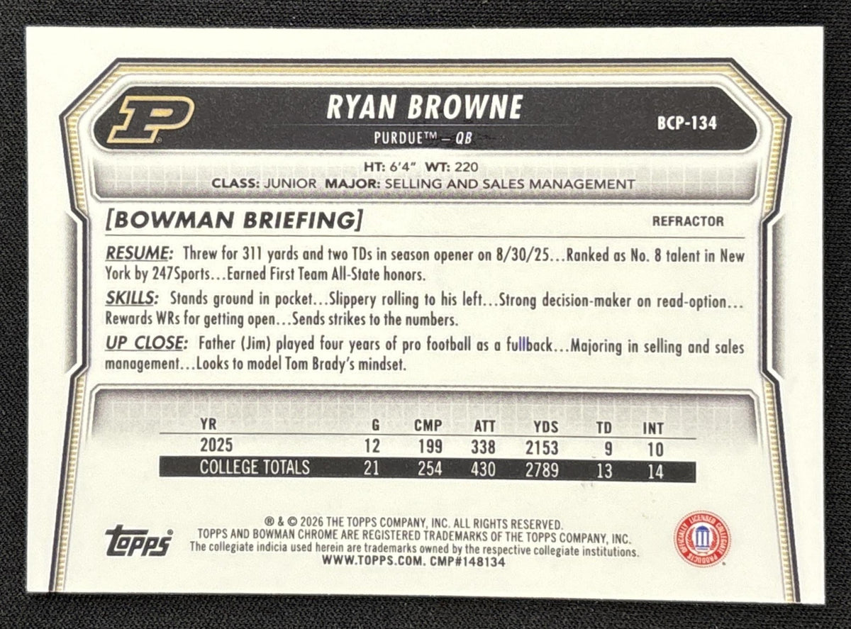 Ryan Browne 2026 Bowman Chrome Prospects Refractor /499 Boilermakers