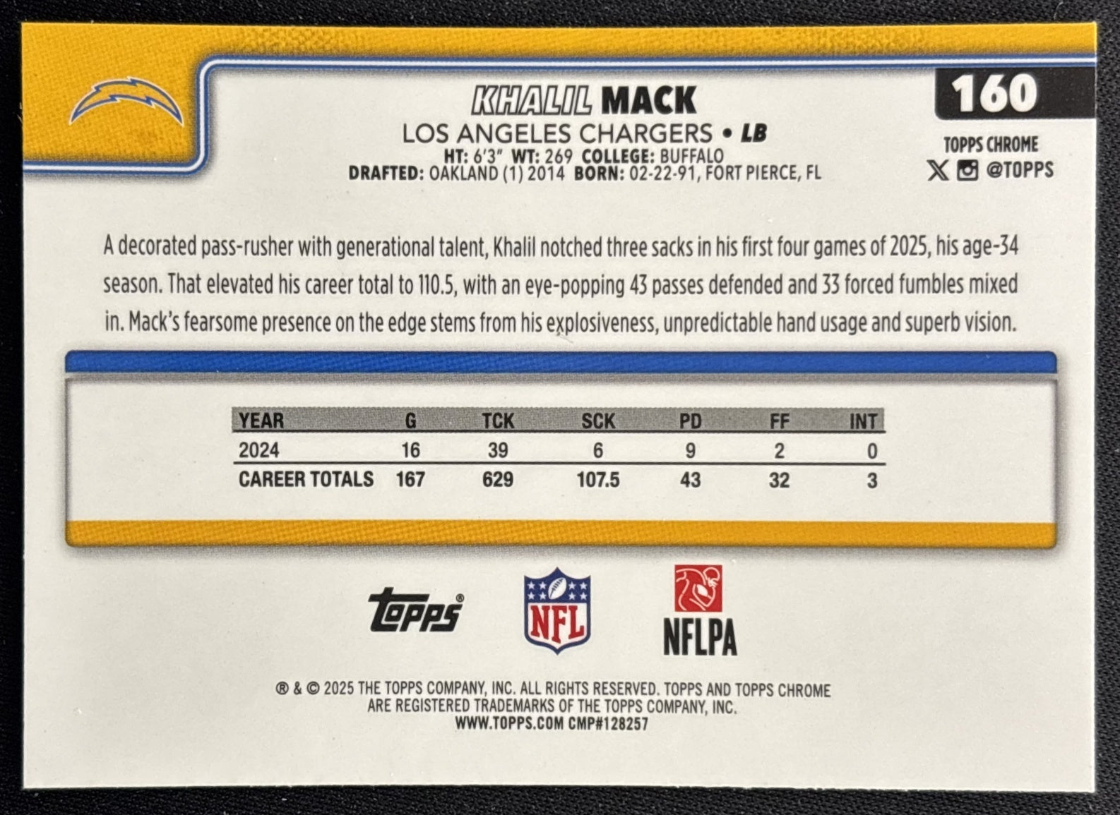 Khalil Mack 2025 Topps Chrome RayWave Refractor Chargers Sports Trading Cards
