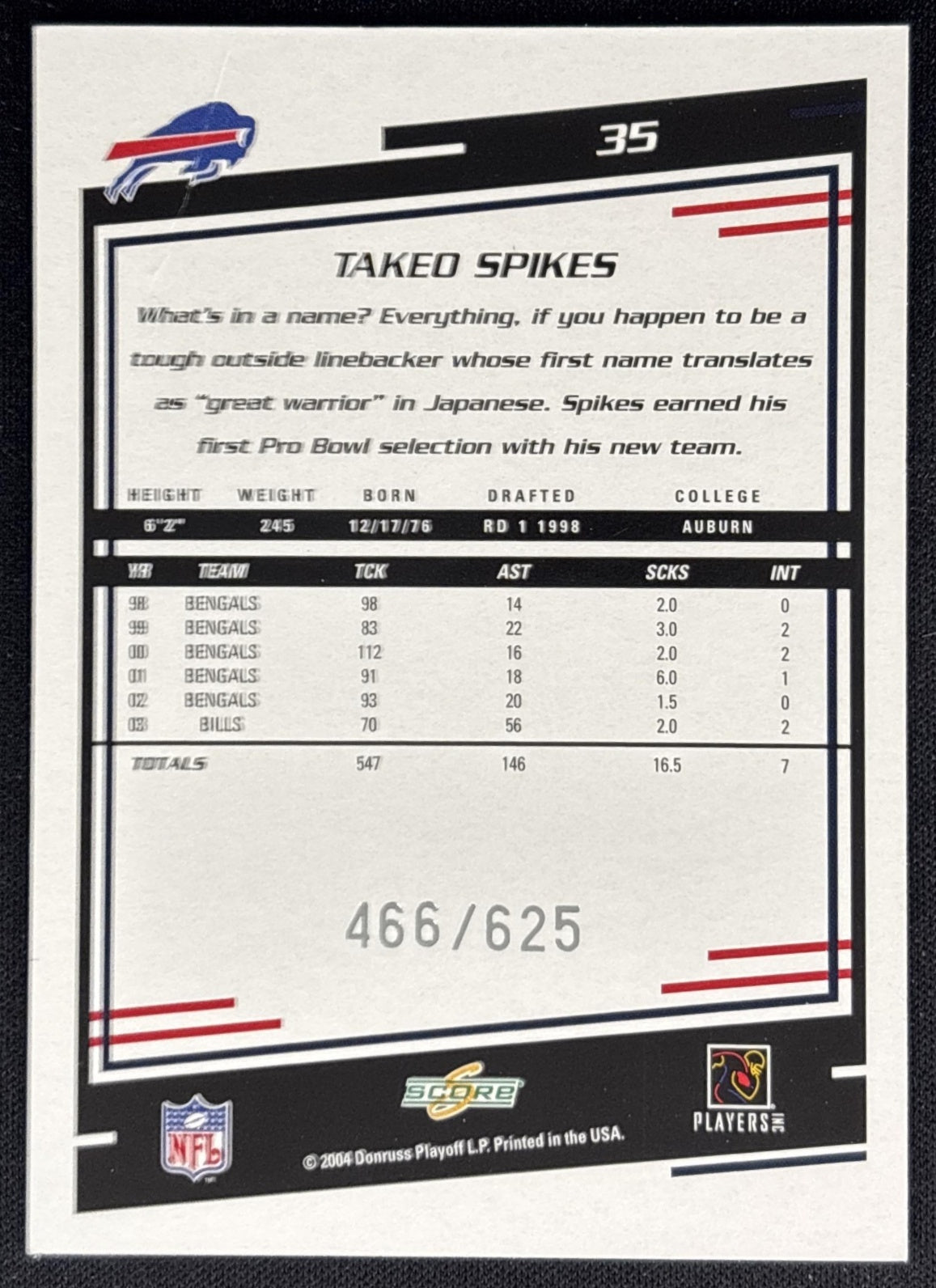 Takeo Spikes 2004 Score Scorecard /625 Bills back
