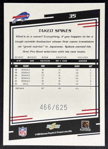 Takeo Spikes 2004 Score Scorecard /625 Bills back