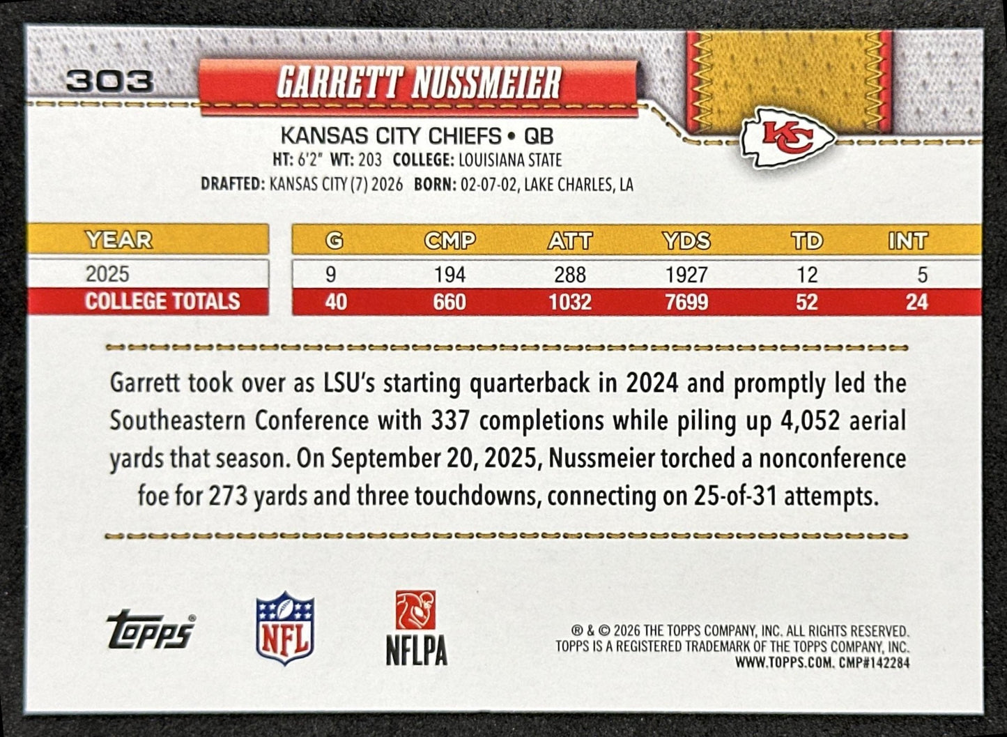 Garrett Nussmeier 2026 Topps Flagship Rookie Chiefs Sports Trading Card