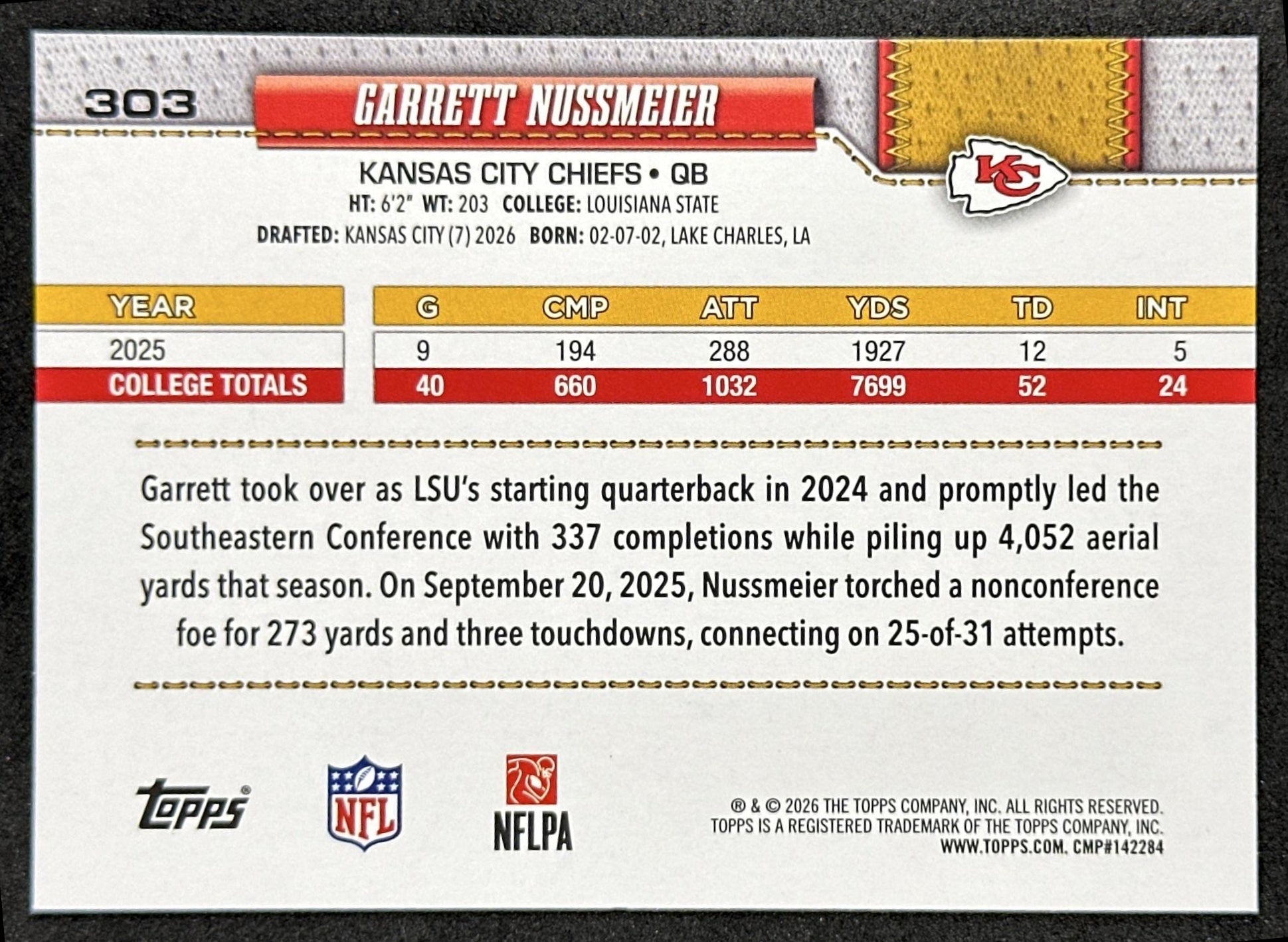 Garrett Nussmeier 2026 Topps Flagship Rookie Chiefs Sports Trading Card