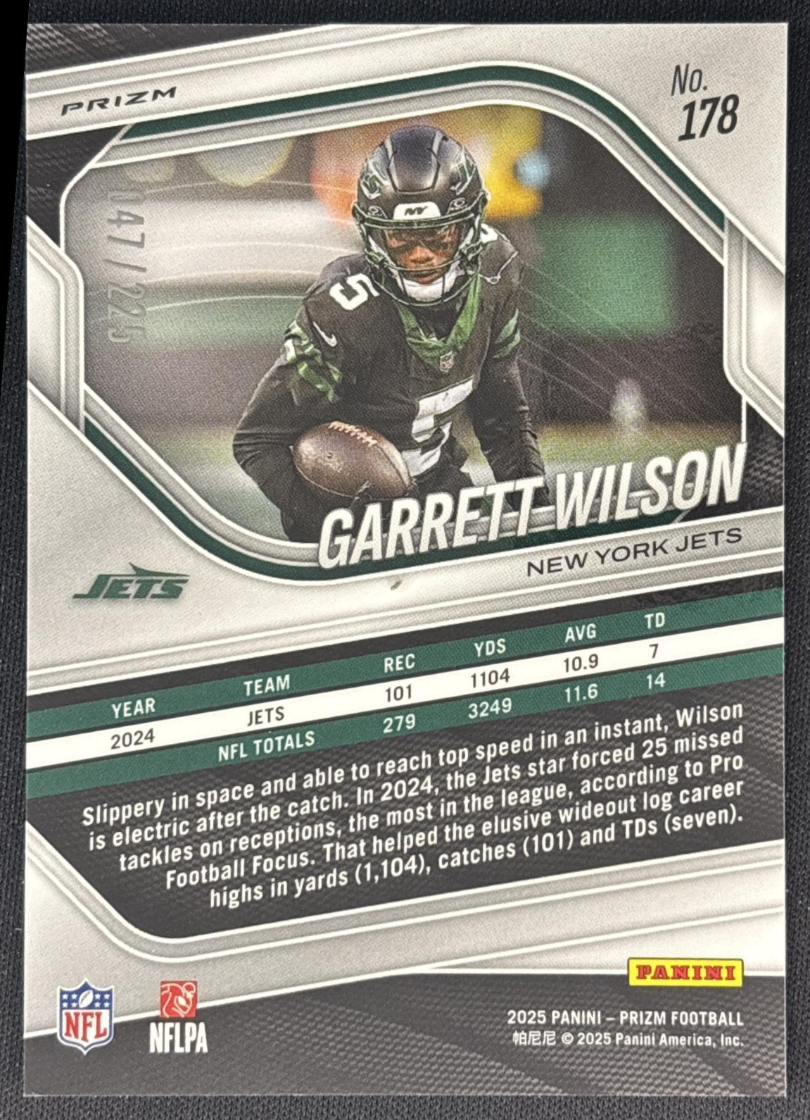 Garrett Wilson 2025 Panini Prizm Purple Ice /225 Jets back