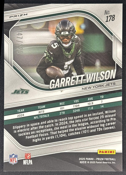 Garrett Wilson 2025 Panini Prizm Purple Ice /225 Jets back