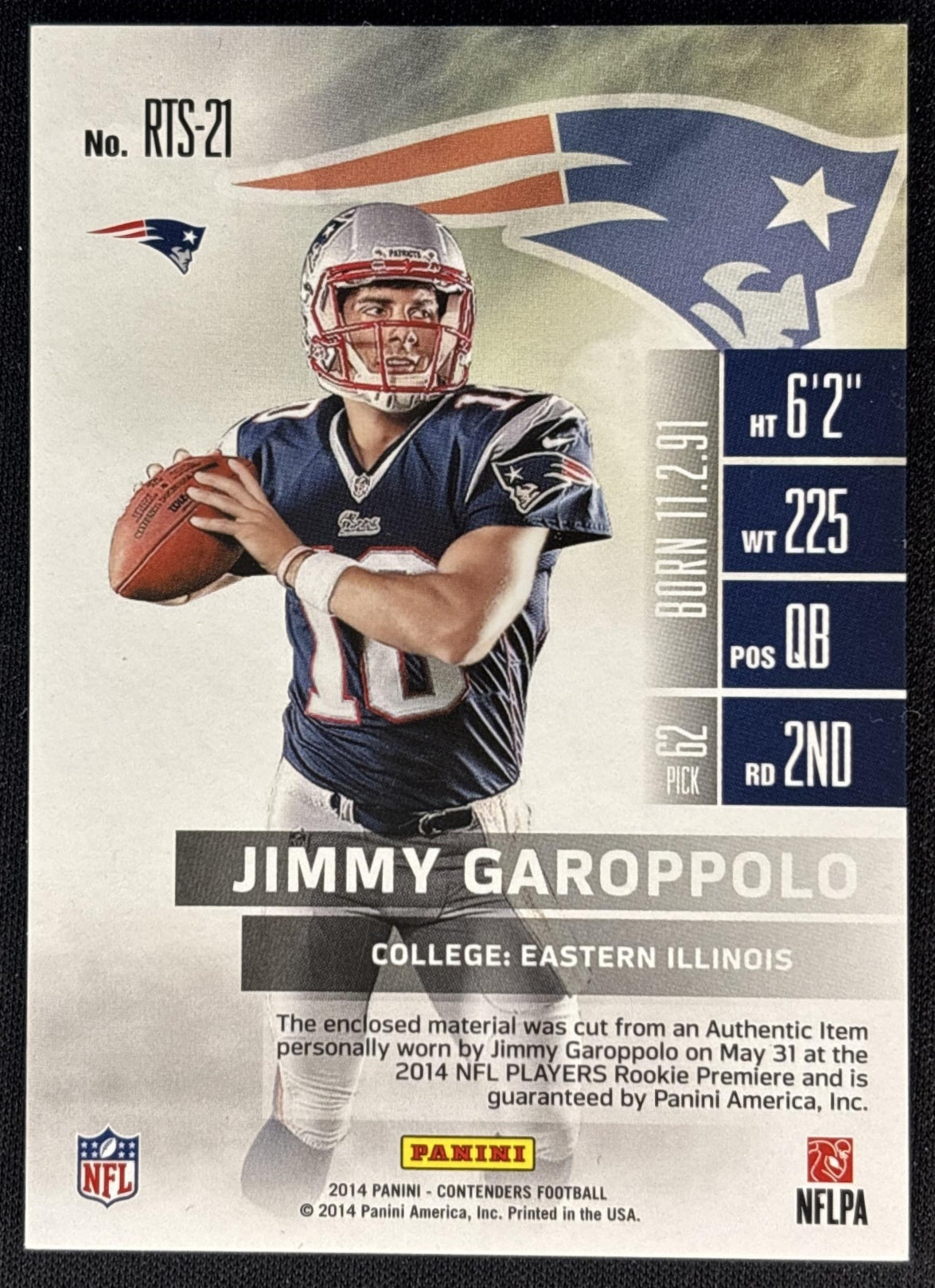 Jimmy Garoppolo 2014 Panini Contenders Rookie Ticket Swatches Variation Patriots