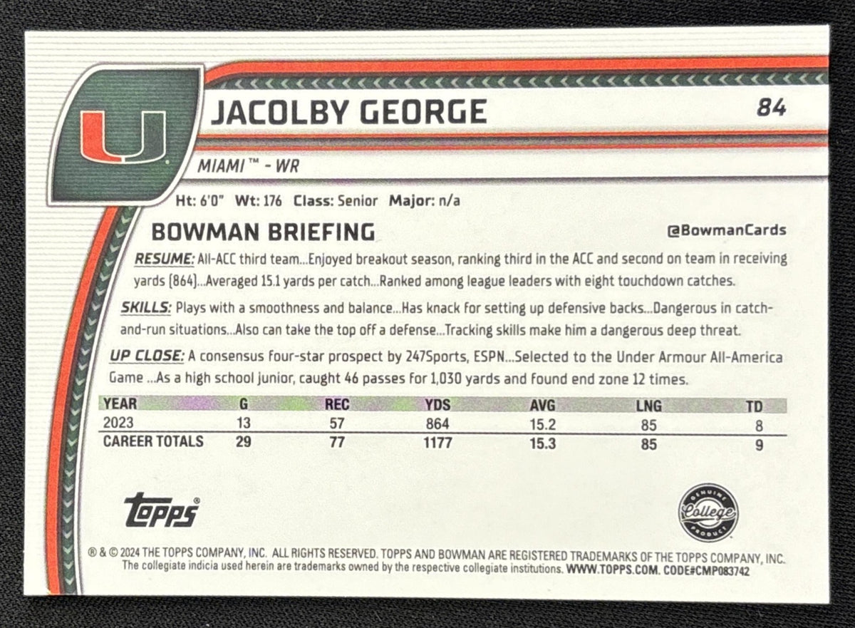 Jacolby George 2024 Bowman Chrome University Yellow Refractor /75 Hurricanes