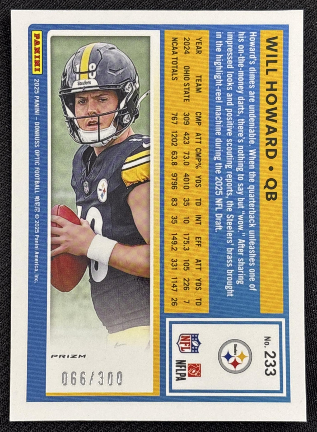 Will Howard 2025 Panini Donruss Optic Rated Rookie Wave Prizm /300 Steelers - back