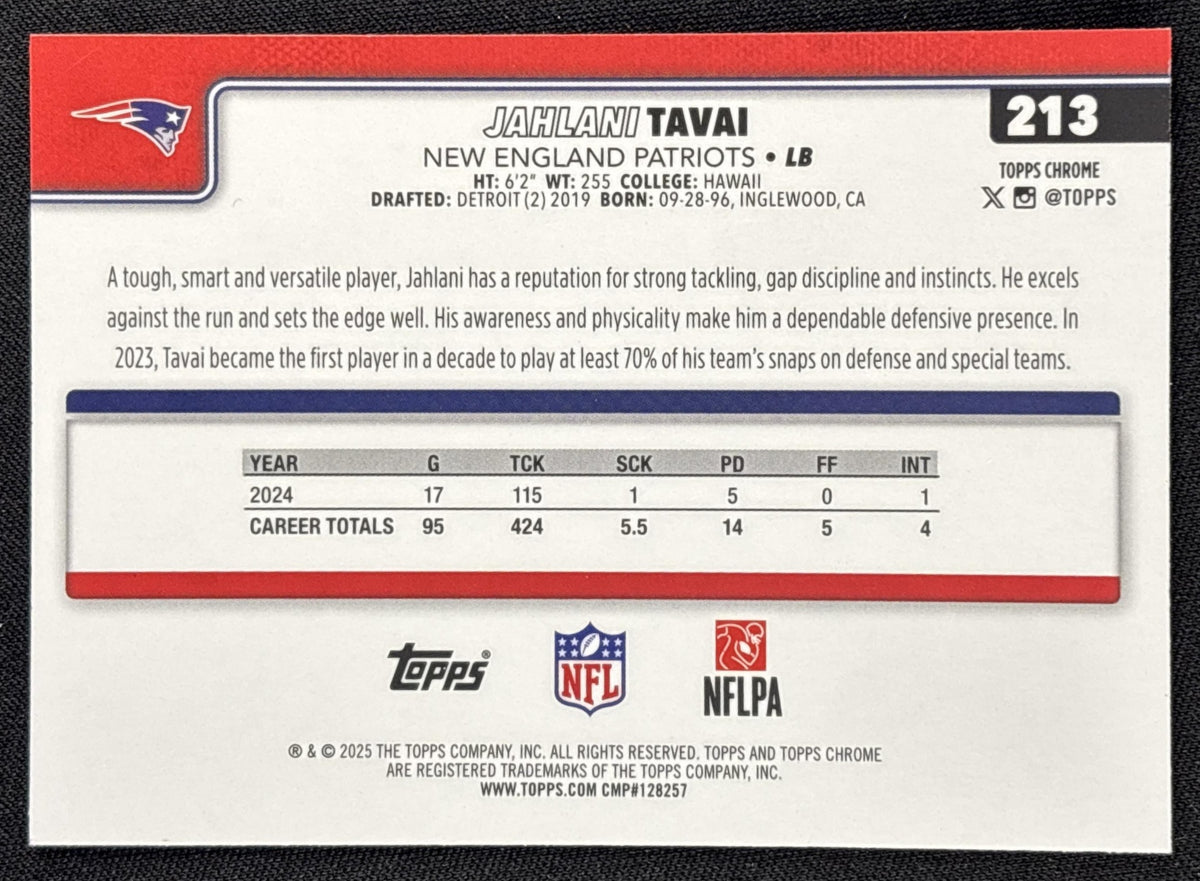 Jahlani Tavai 2025 Topps Chrome Teal Refractor /299 Patriots