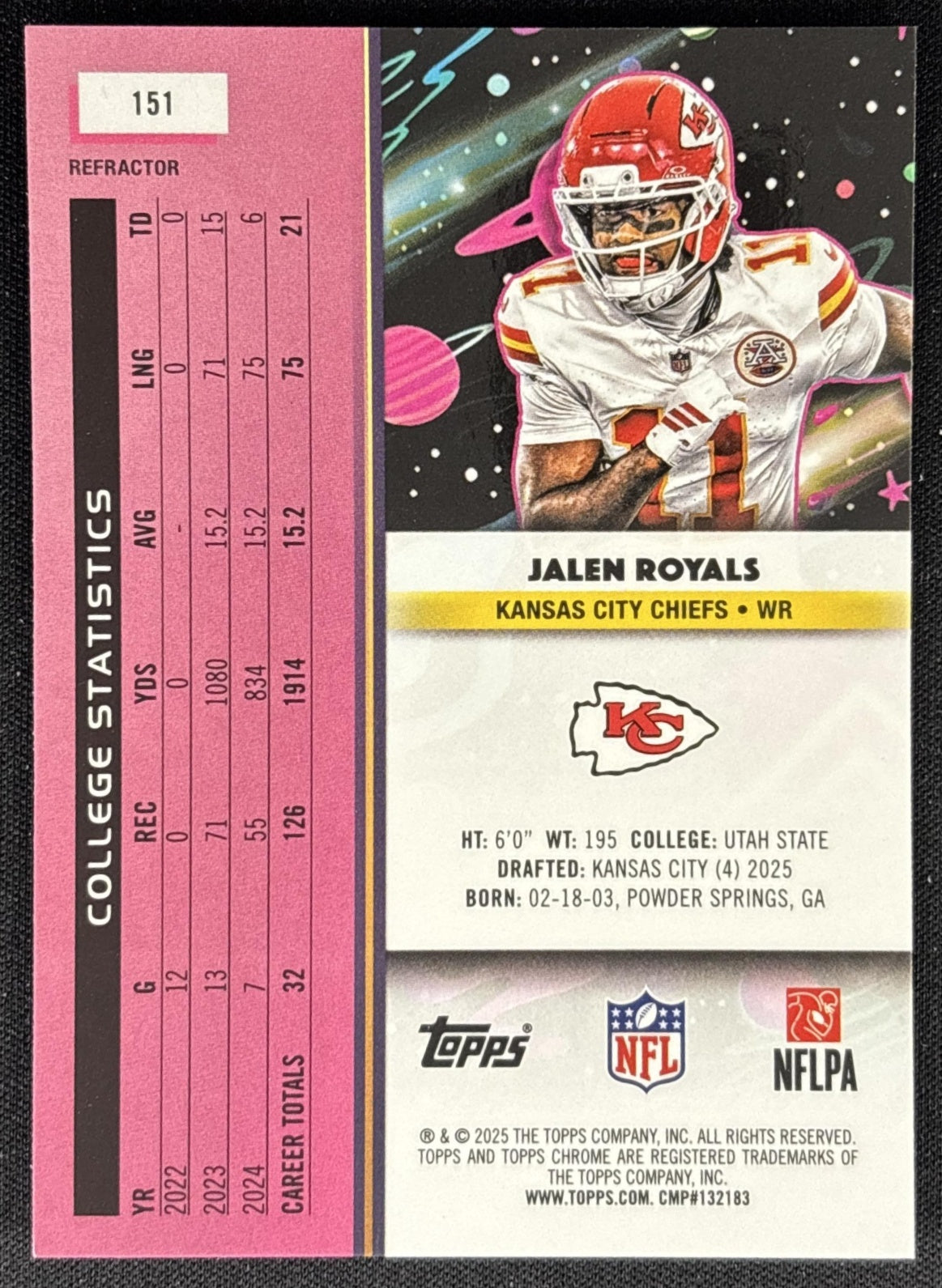 Jalen Royals 2025 Topps Cosmic Chrome Refractor Chiefs