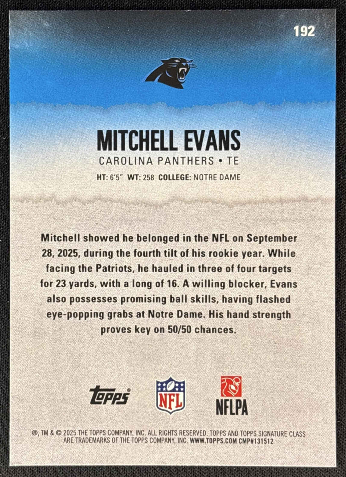 Mitchell Evans 2025 Topps Signature Class Rookie Blue & Yellow Foil Panthers back