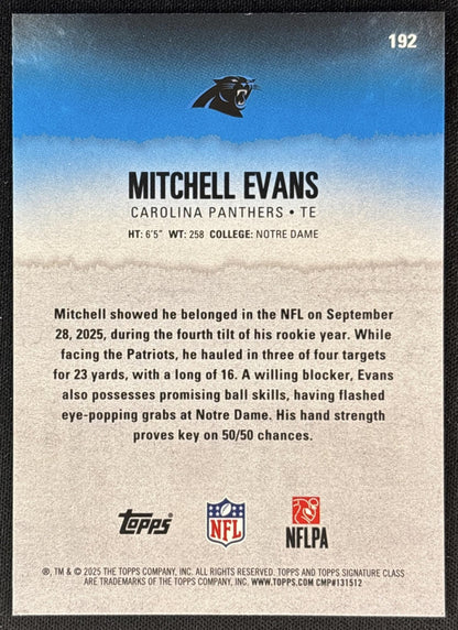 Mitchell Evans 2025 Topps Signature Class Rookie Blue & Yellow Foil Panthers back