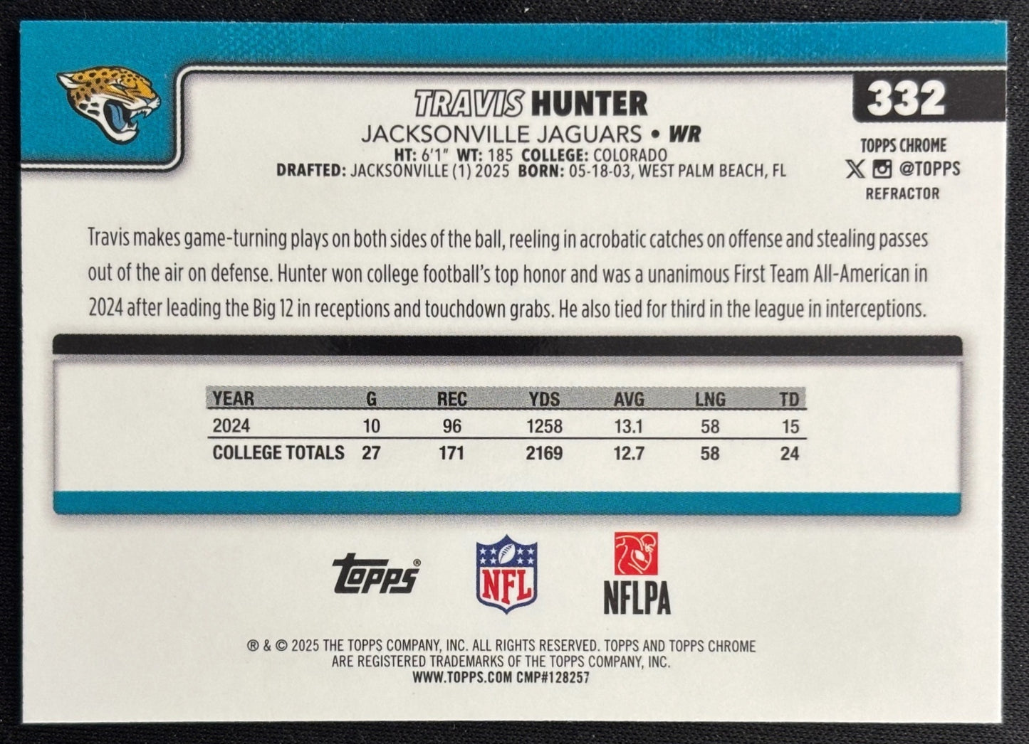 Travis Hunter 2025 Chrome Rookie Refractor Jaguars Sports Trading Cards