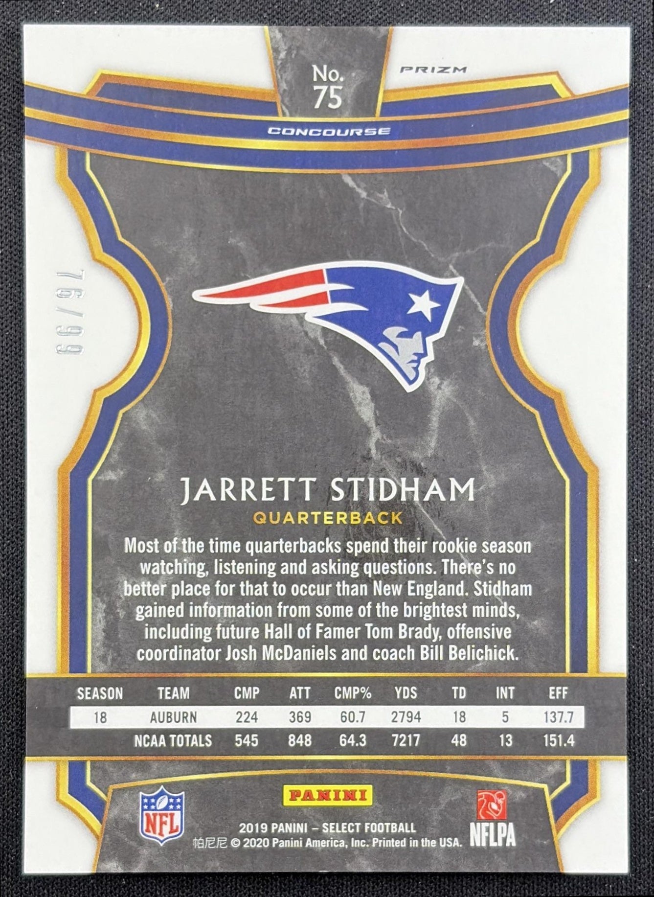 Jarrett Stidham 2019 Panini Select Red Prizm /99 Patriots