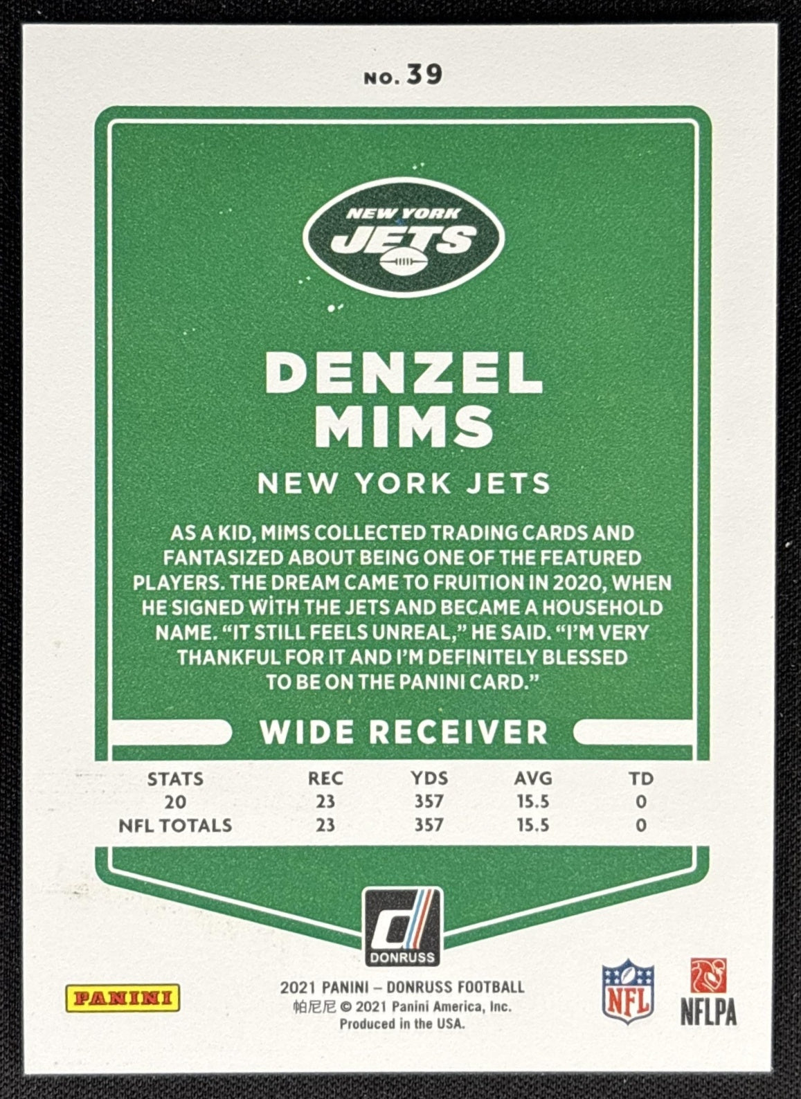 Denzel Mims 2021 Panini Donruss Press Proof Premium Jets Cowboys Sports Trading Card