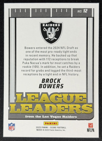 Brock Bowers 2025 Panini Score League Leaders Raiders Back