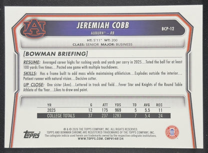 Jeremiah Cobb 2026 Bowman Chrome Prospects Mojo Refractor Tigers Auburn Tigers Sports Trading Card