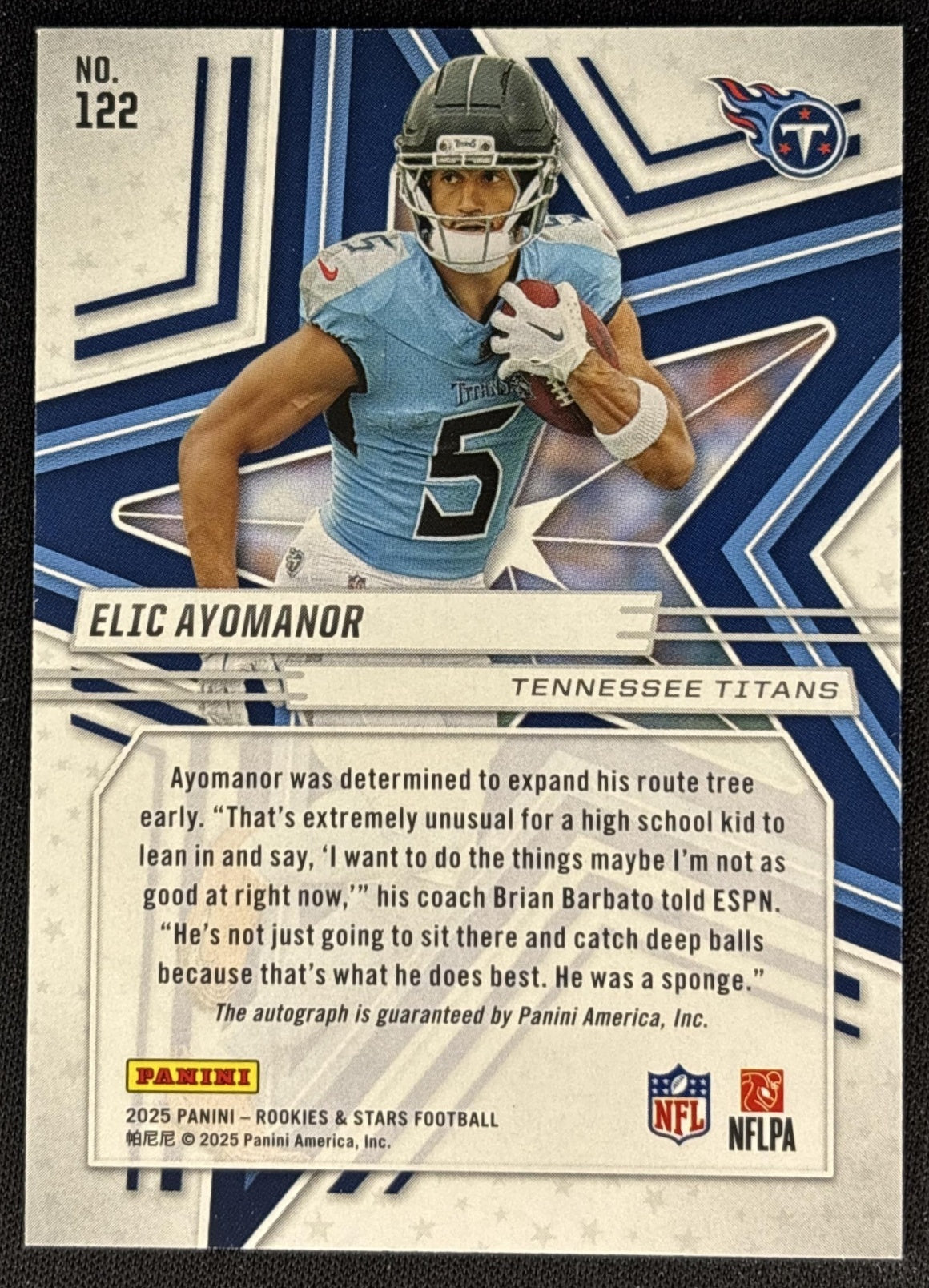 Elic Ayomanor 2025 Panini Rookies & Stars Signatures True Blue /99 Titans