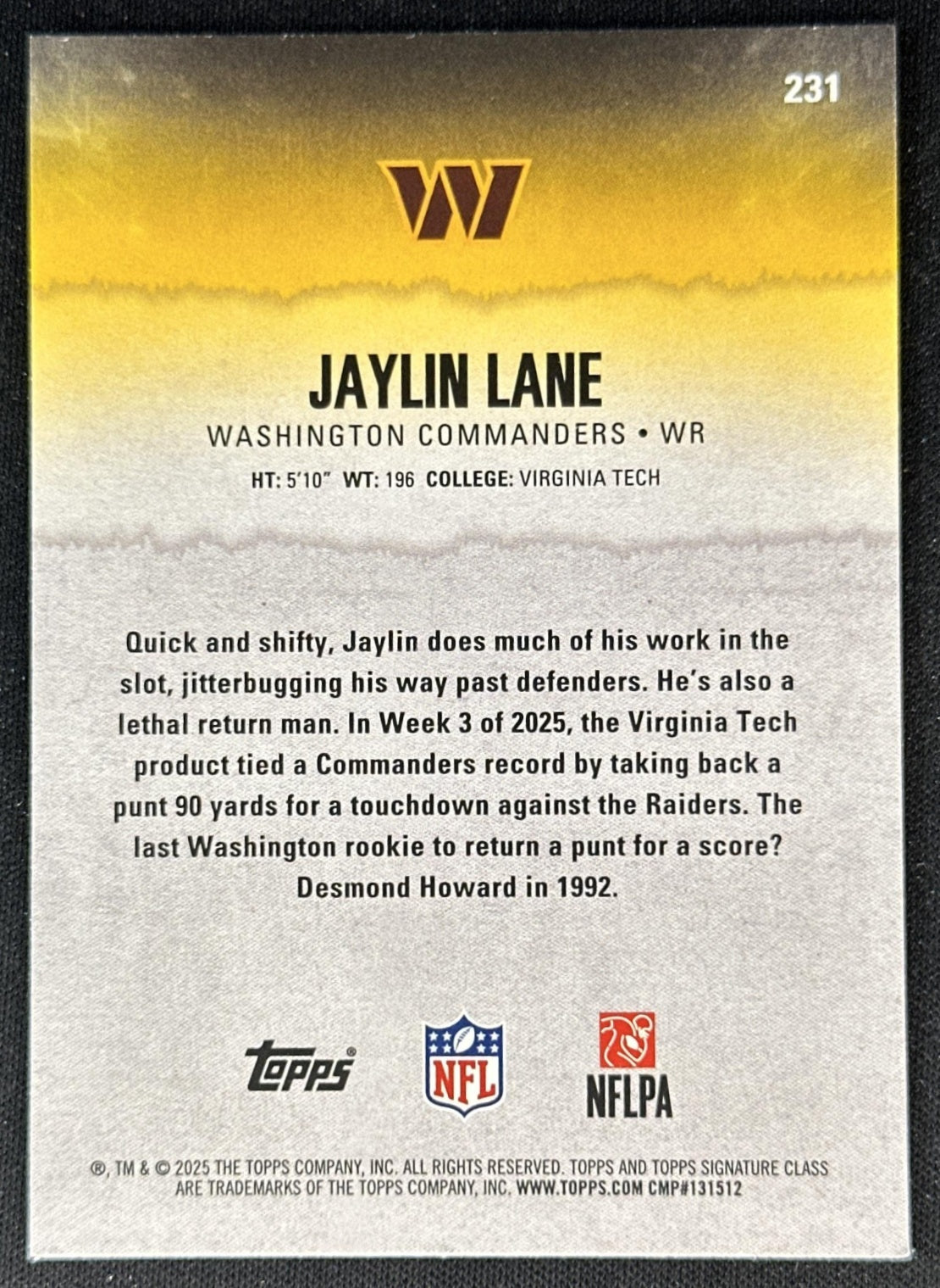 Jaylin Lane 2025 Topps Signature Class Yellow Rookie Commanders back