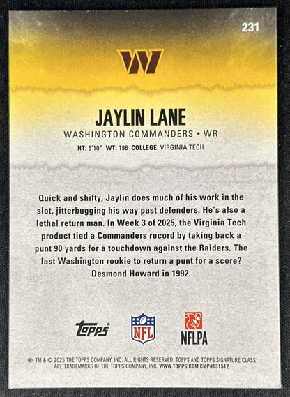 Jaylin Lane 2025 Topps Signature Class Yellow Rookie Commanders back