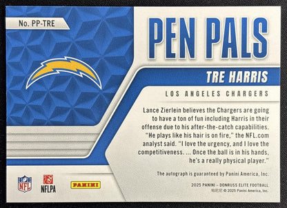 Tre Harris 2025 Panini Donruss Elite Pen Pals Horizontal Blue Ink Chargers Sports Trading Cards